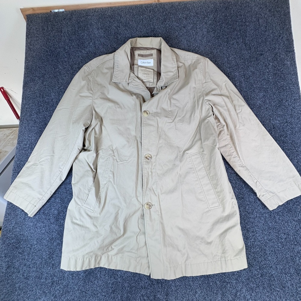 Calvin Klein Rain Jacket Men XL Beige Cotton Button Front Pocket Water Repellent